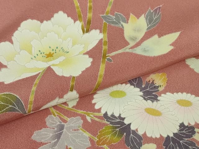 平和屋本店○極上 京加賀友禅 百貫石峰 訪問着 枝花文 薄紅色地 反端