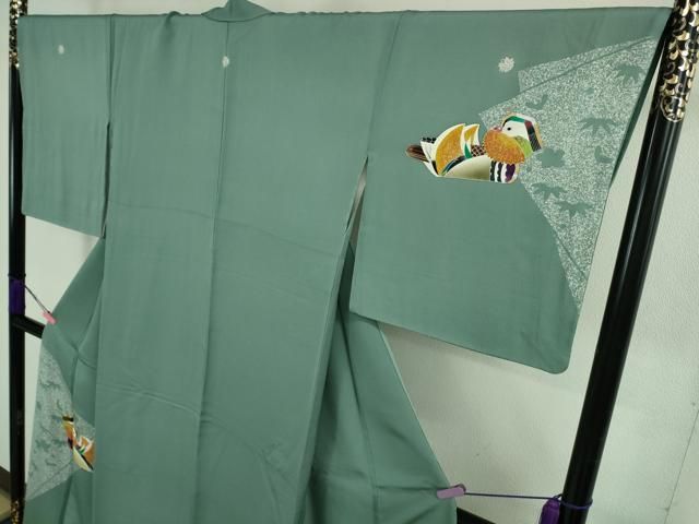 平和屋本店○極上 人間国宝・羽田登喜男 訪問着 鴛鴦5羽 薄青色地 金銀