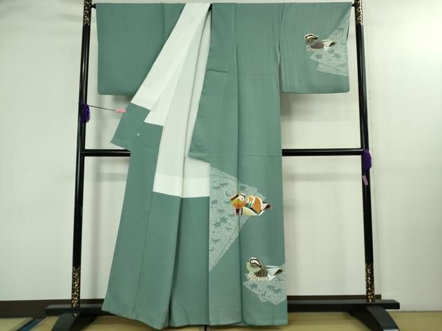 平和屋本店○極上 人間国宝・羽田登喜男 訪問着 鴛鴦5羽 薄青色地 金銀