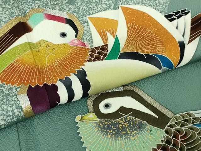 平和屋本店○極上 人間国宝・羽田登喜男 訪問着 鴛鴦5羽 薄青色地 金銀