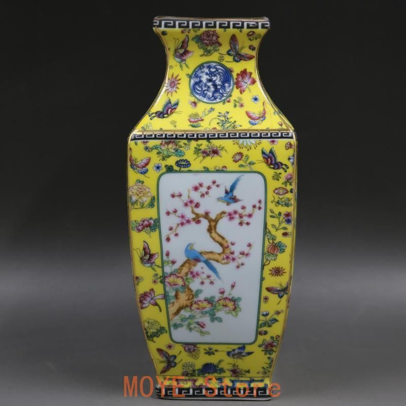清乾隆琺瑯彩飄花黄地花鳥四方瓶 景徳鎮 陶磁器 装飾品 現代工芸品