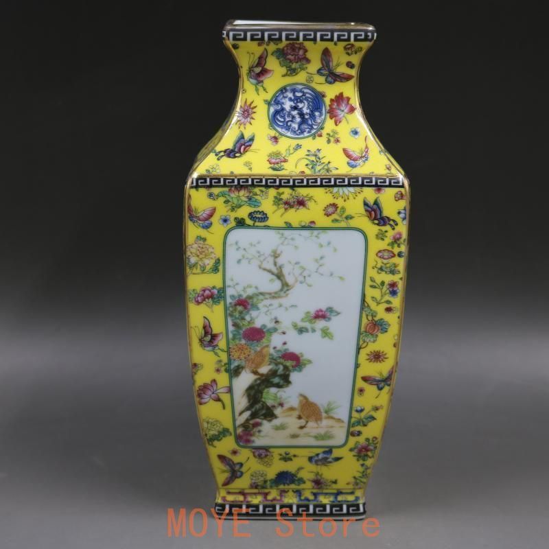 清乾隆琺瑯彩飄花黄地花鳥四方瓶 景徳鎮 陶磁器 装飾品 現代工芸品