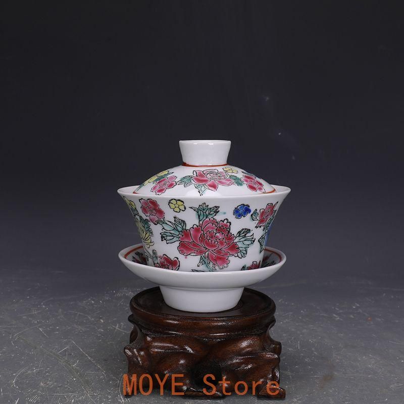 未使用品 中国茶器 粉彩白地万花図三才蓋碗 湯呑み 食器 茶器 茶道具