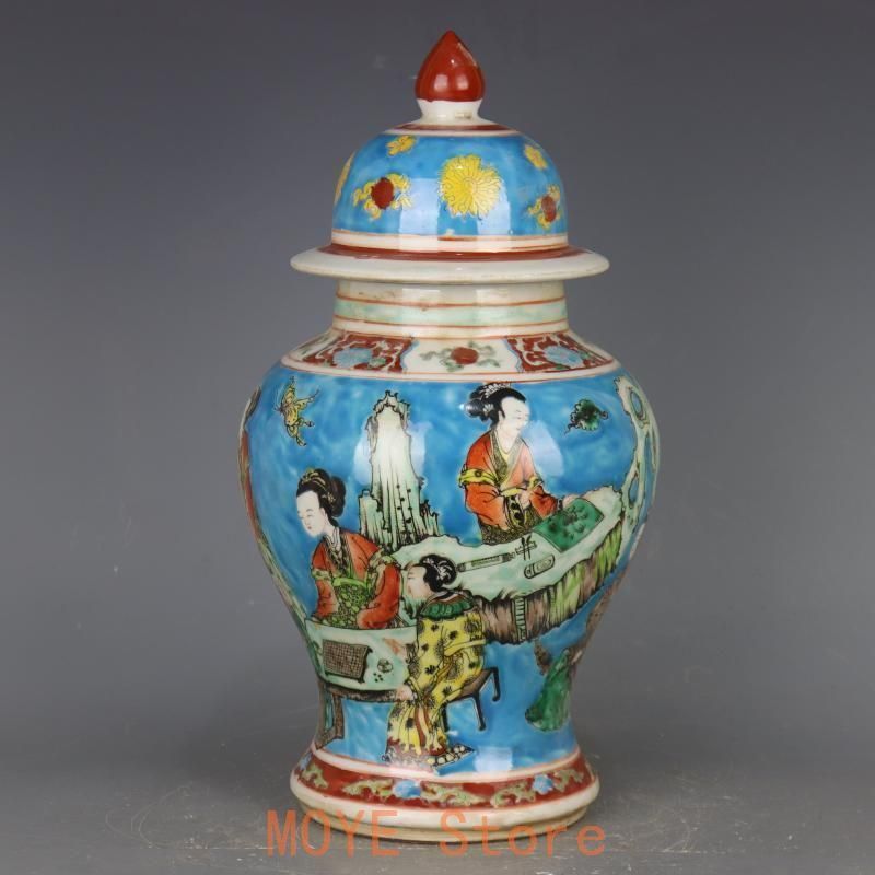 康熙藍地パステル人物将軍缶  景徳鎮 陶磁器 装飾品 現代工芸品 美術品 置物 康熙藍地パステル人物将軍缶 景徳鎮 陶磁器 装飾品 現代工芸品