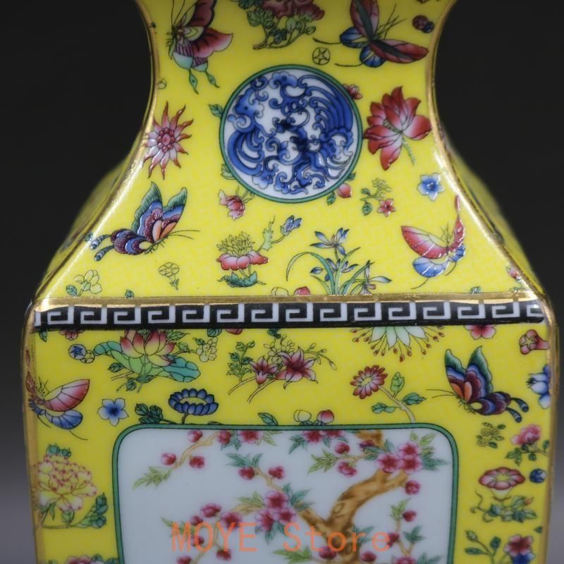清乾隆琺瑯彩飄花黄地花鳥四方瓶 景徳鎮 陶磁器 装飾品 現代工芸品
