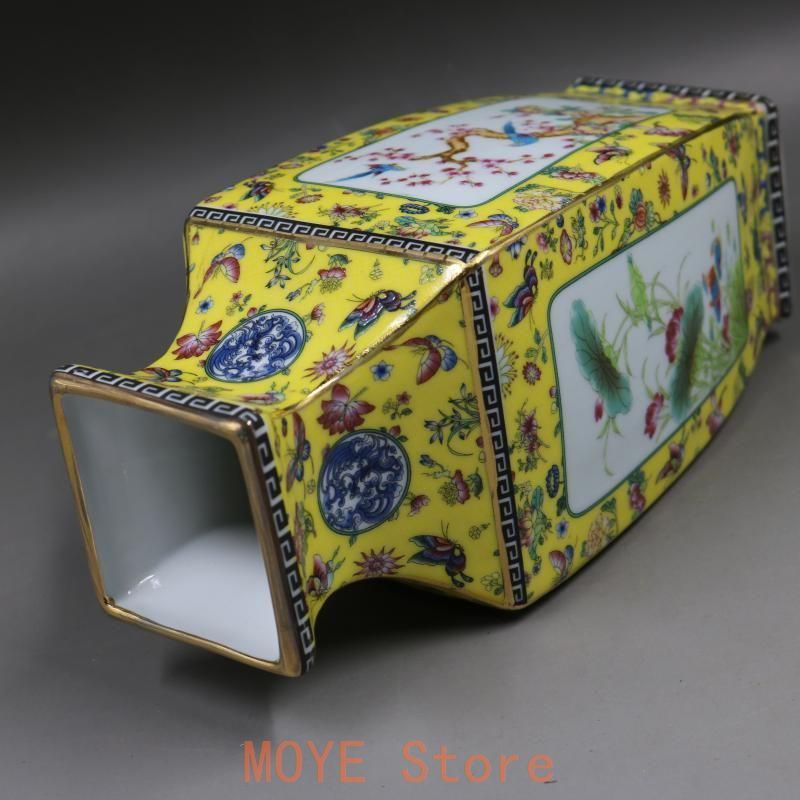 清乾隆琺瑯彩飄花黄地花鳥四方瓶 景徳鎮 陶磁器 装飾品 現代工芸品