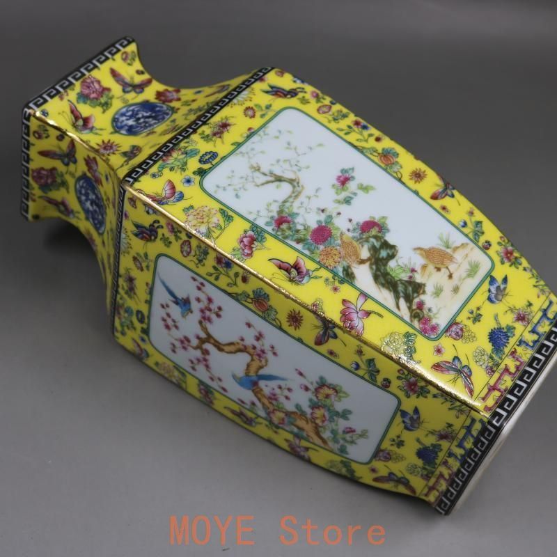 清乾隆琺瑯彩飄花黄地花鳥四方瓶 景徳鎮 陶磁器 装飾品 現代工芸品 美術品 置物 清乾隆琺瑯彩飄花黄地花鳥四方瓶 景徳鎮 陶磁器 装飾