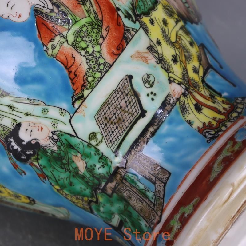 康熙藍地パステル人物将軍缶 景徳鎮 陶磁器 装飾品 現代工芸品 美術品