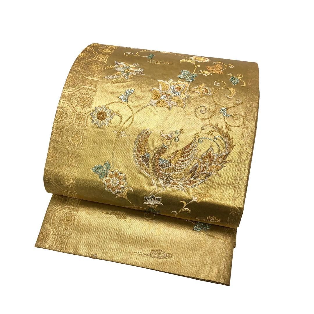 袋帯 青銅箔 鳳凰 花唐草模様 金糸 金色 O-5877 袋帯 青銅箔 鳳凰 花唐草模様 金糸 金色 O-5877 【公式通販】