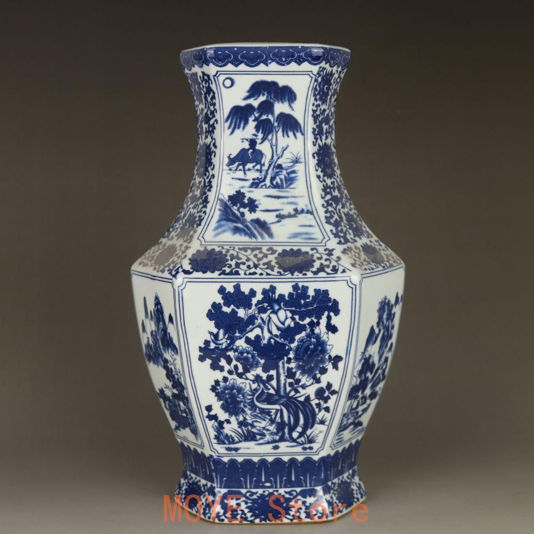 中国美術 青花山水花鳥紋六方扁瓶 景徳鎮 陶磁器 装飾品 工芸品 美術品