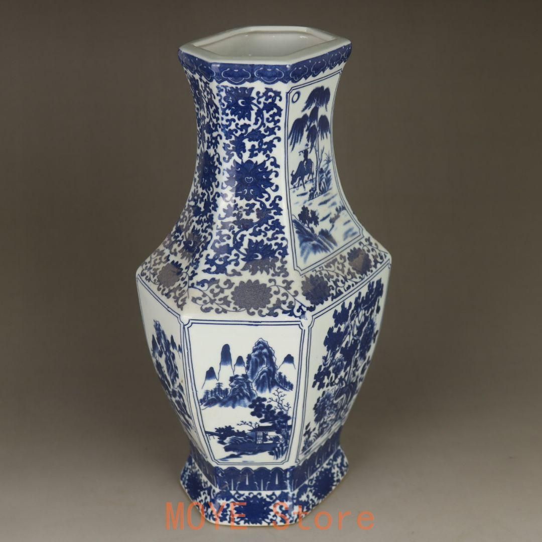 中国美術 青花山水花鳥紋六方扁瓶 景徳鎮 陶磁器 装飾品 工芸品 美術品