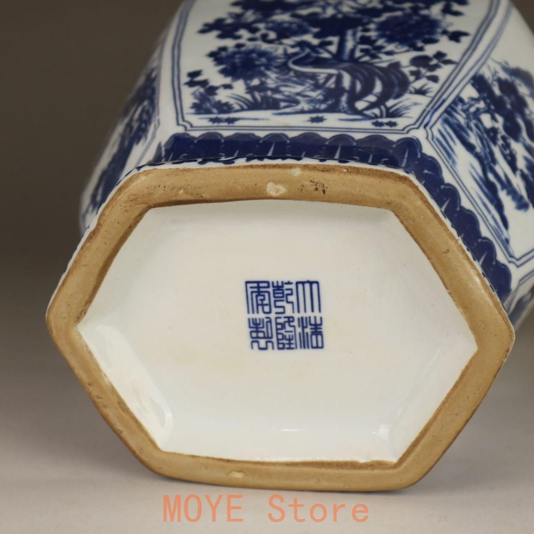 中国美術 青花山水花鳥紋六方扁瓶 景徳鎮 陶磁器 装飾品 工芸品 美術品