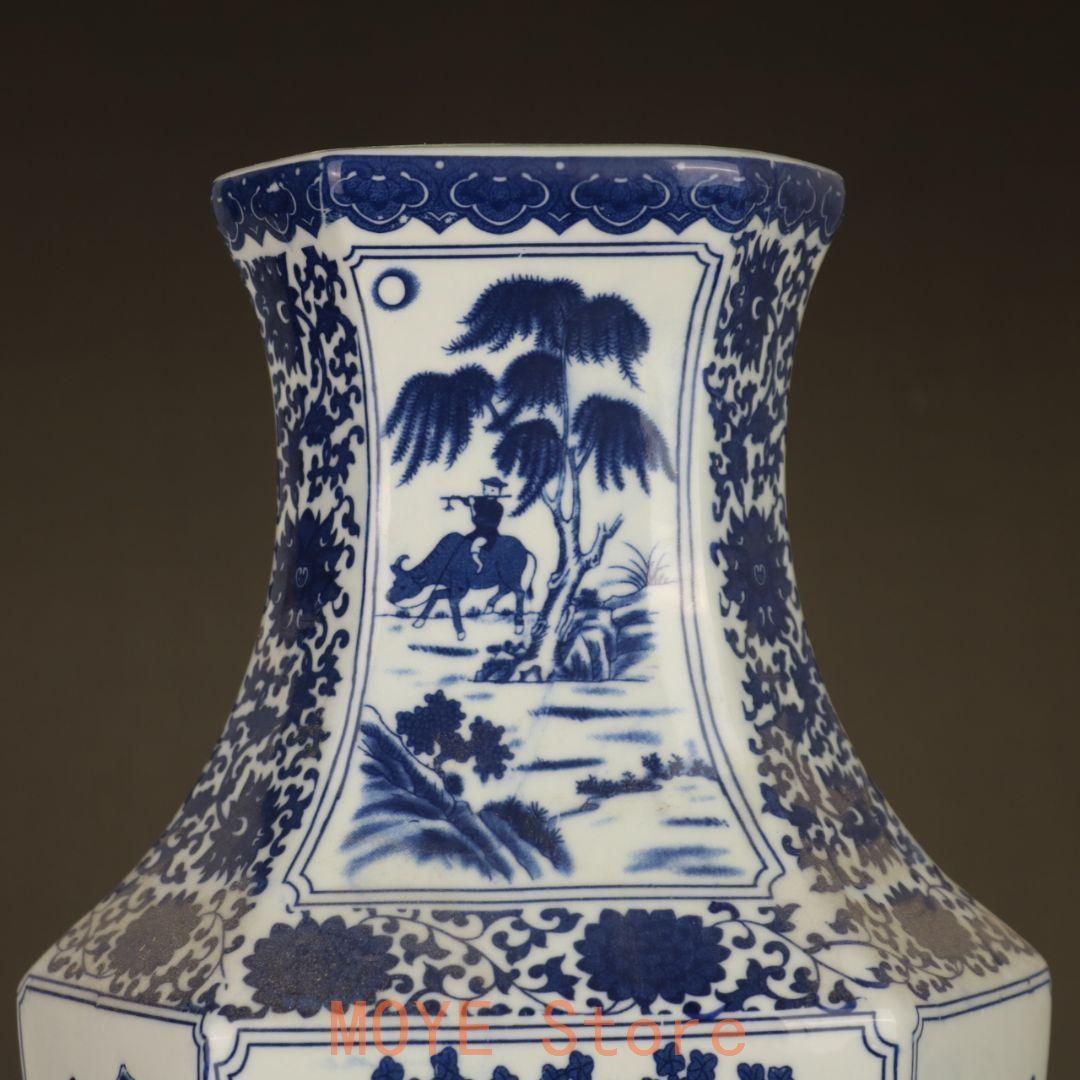 中国美術 青花山水花鳥紋六方扁瓶 景徳鎮 陶磁器 装飾品 工芸品 美術品