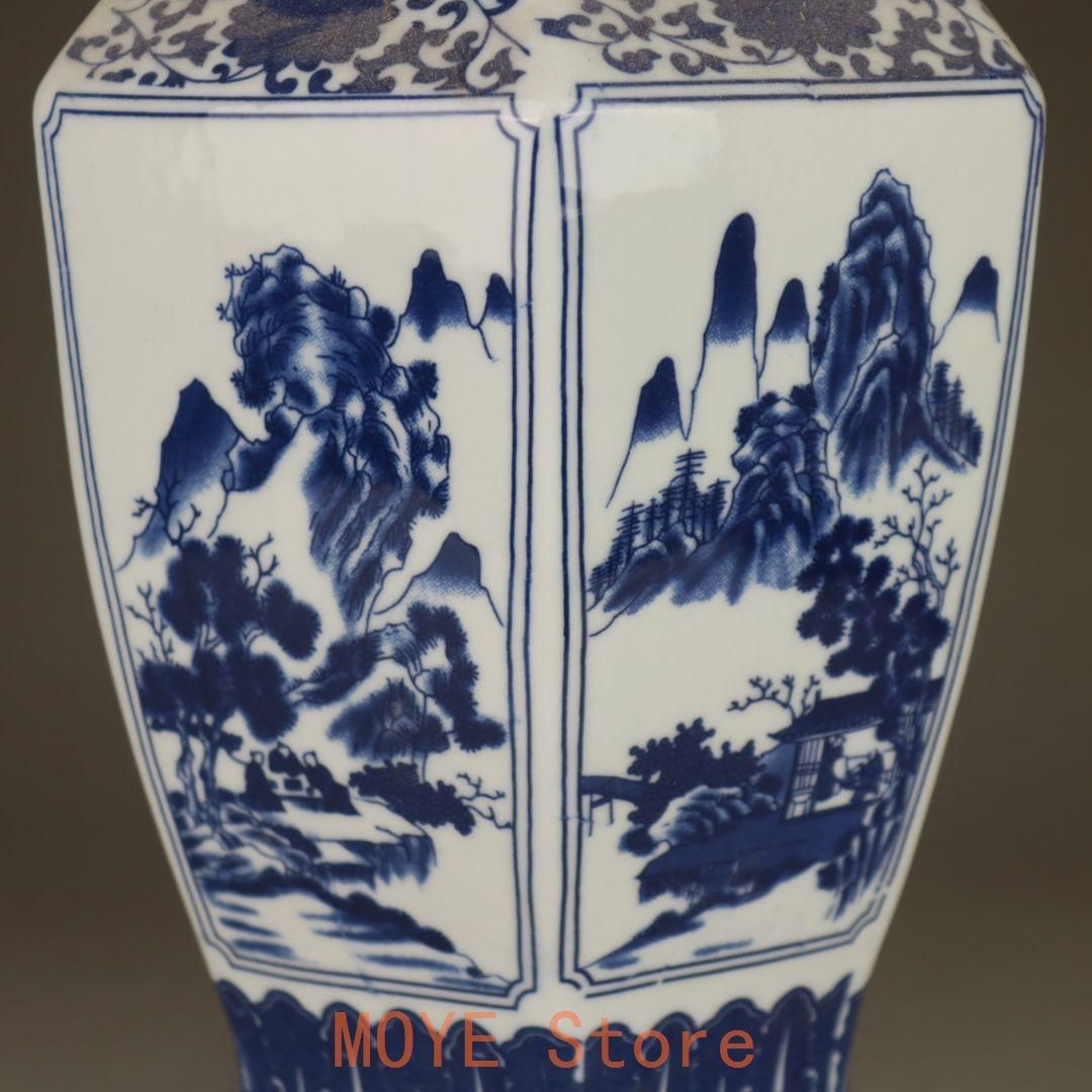 中国美術 青花山水花鳥紋六方扁瓶 景徳鎮 陶磁器 装飾品 工芸品 美術品