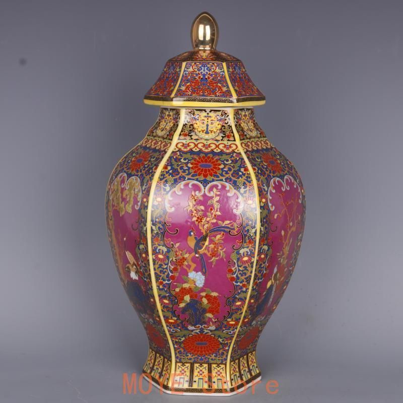 琺瑯彩花鳥六方将軍壺 景徳鎮 陶磁器 装飾品 工芸品 美術品 置物