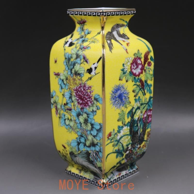 清乾隆黄地琺瑯彩花鳥四方花瓶 景徳鎮 陶磁器 装飾品 現代工芸品 美術