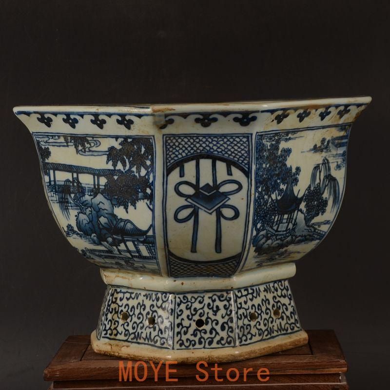 青花開窓庭楼四方高脚鉢 陶磁器 装飾品 現代工芸品美術品 置物 - メルカリ