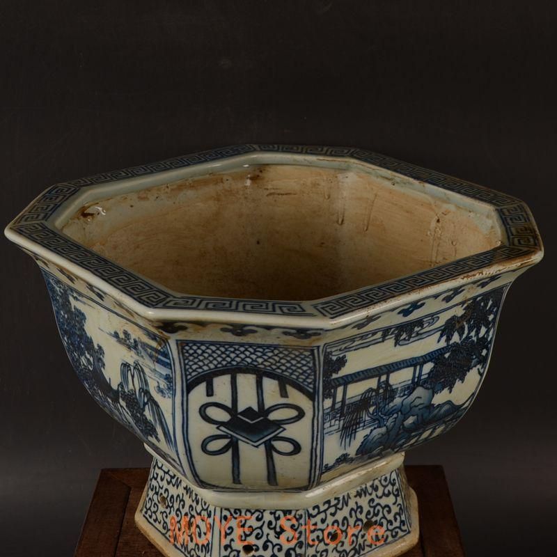 八方青花亭台楼高足鉢 景徳鎮 陶磁器 装飾品 現代工芸品 美術品 置物 八方青花亭台楼高足鉢 景徳鎮 陶磁器 装飾品 現代工芸品 美術品 置物