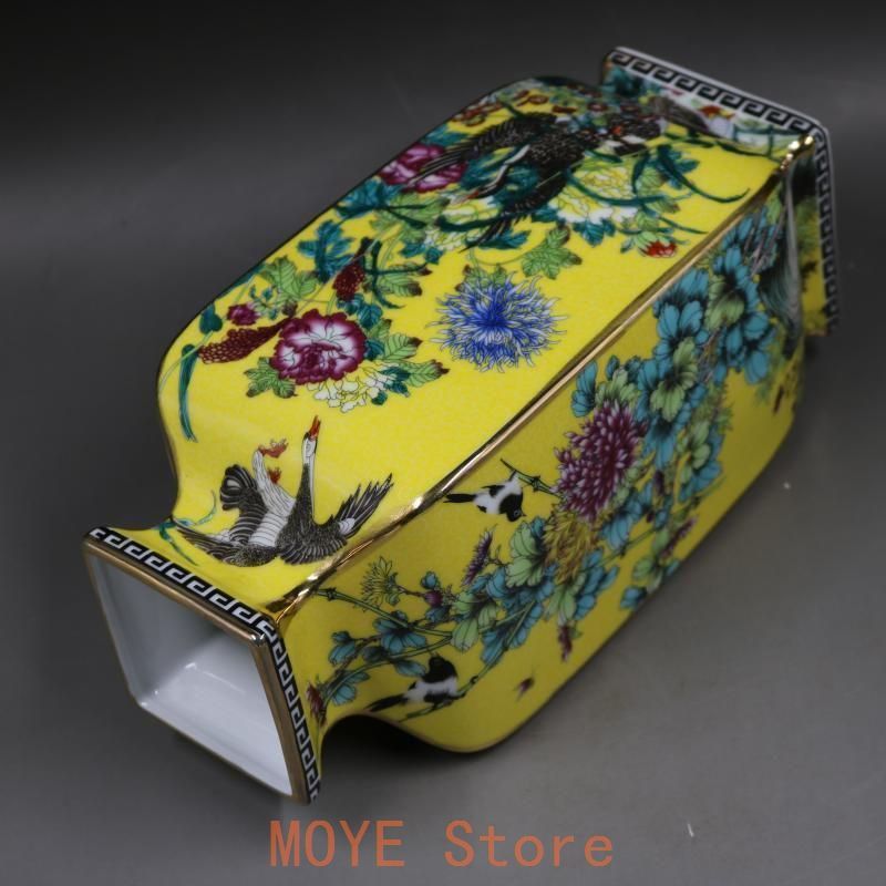 清乾隆黄地琺瑯彩花鳥四方花瓶 景徳鎮 陶磁器 装飾品 現代工芸品 美術
