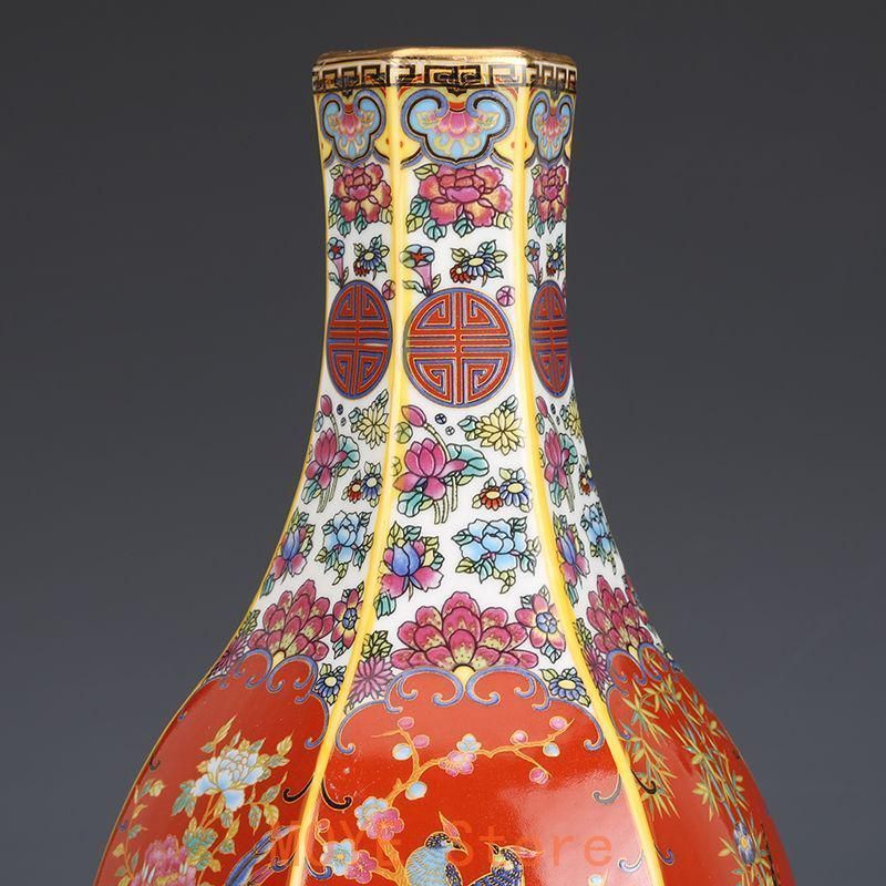 エナメル色磁器花鳥瓶 景徳鎮 陶磁器 装飾品 現代工芸品 美術品 置物