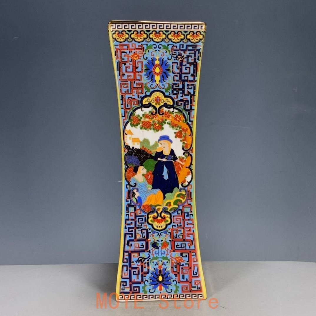 パステル蒔絵人物四角い花瓶 景徳鎮 陶磁器 装飾品 工芸品 美術品 置物
