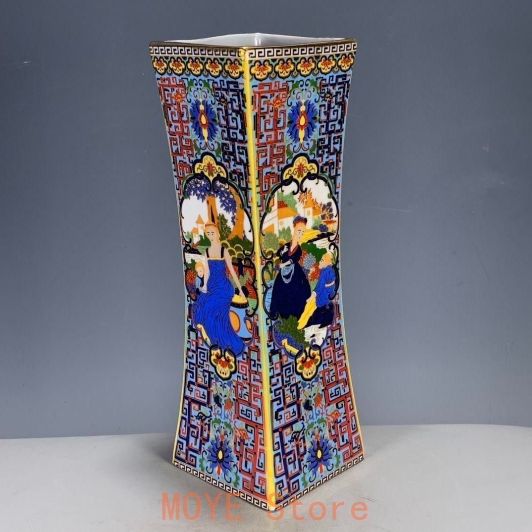パステル蒔絵人物四角い花瓶  景徳鎮 陶磁器 装飾品 工芸品 美術品 置物 パステル蒔絵人物四角い花瓶 景徳鎮 陶磁器 装飾品 工芸品 美術品 置物