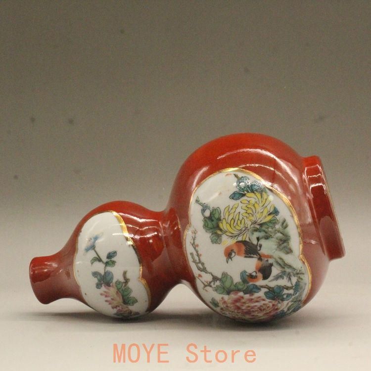 居仁堂款紅釉粉彩花鳥瓢?瓶 景徳鎮 陶磁器 装飾品 現代工芸品美術品