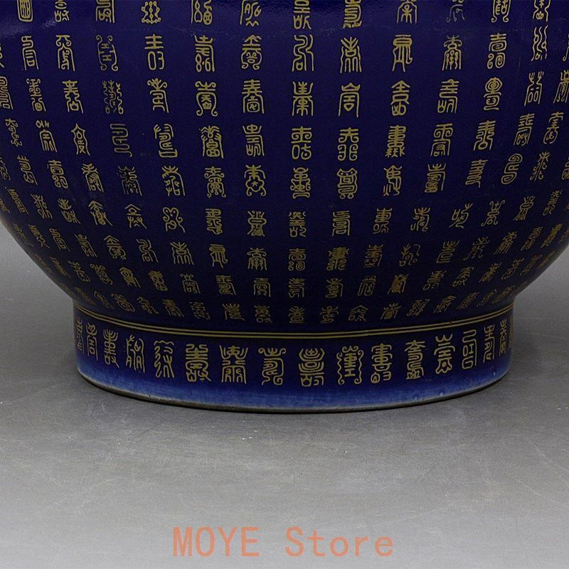 霽藍蒔金万寿鹿頭樽 景徳鎮 陶磁器 装飾品 現代工芸品 美術品 置物