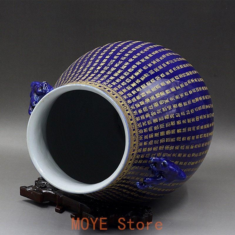 霽藍蒔金万寿鹿頭樽 景徳鎮 陶磁器 装飾品 現代工芸品 美術品 置物