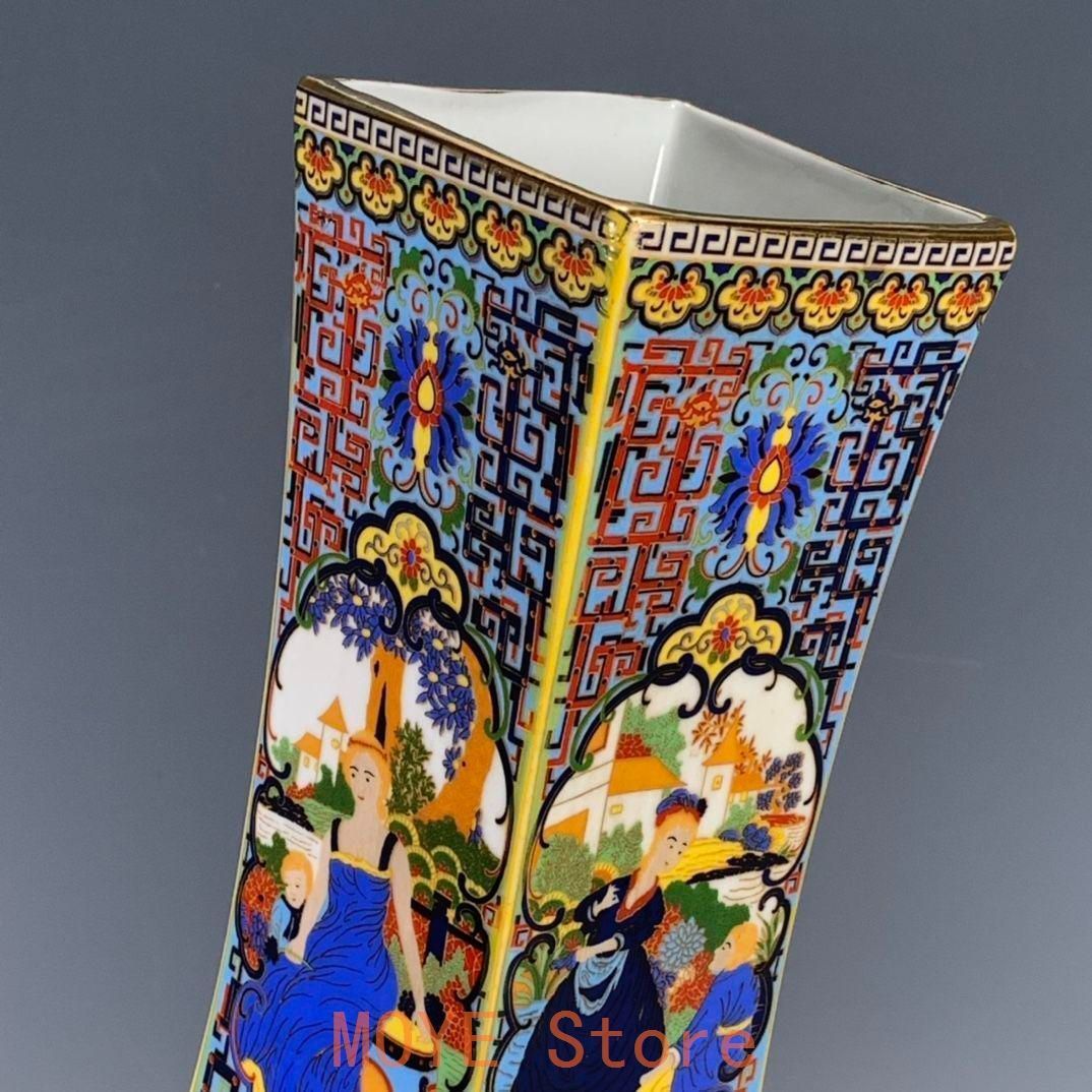 パステル蒔絵人物四角い花瓶 景徳鎮 陶磁器 装飾品 工芸品 美術品 置物