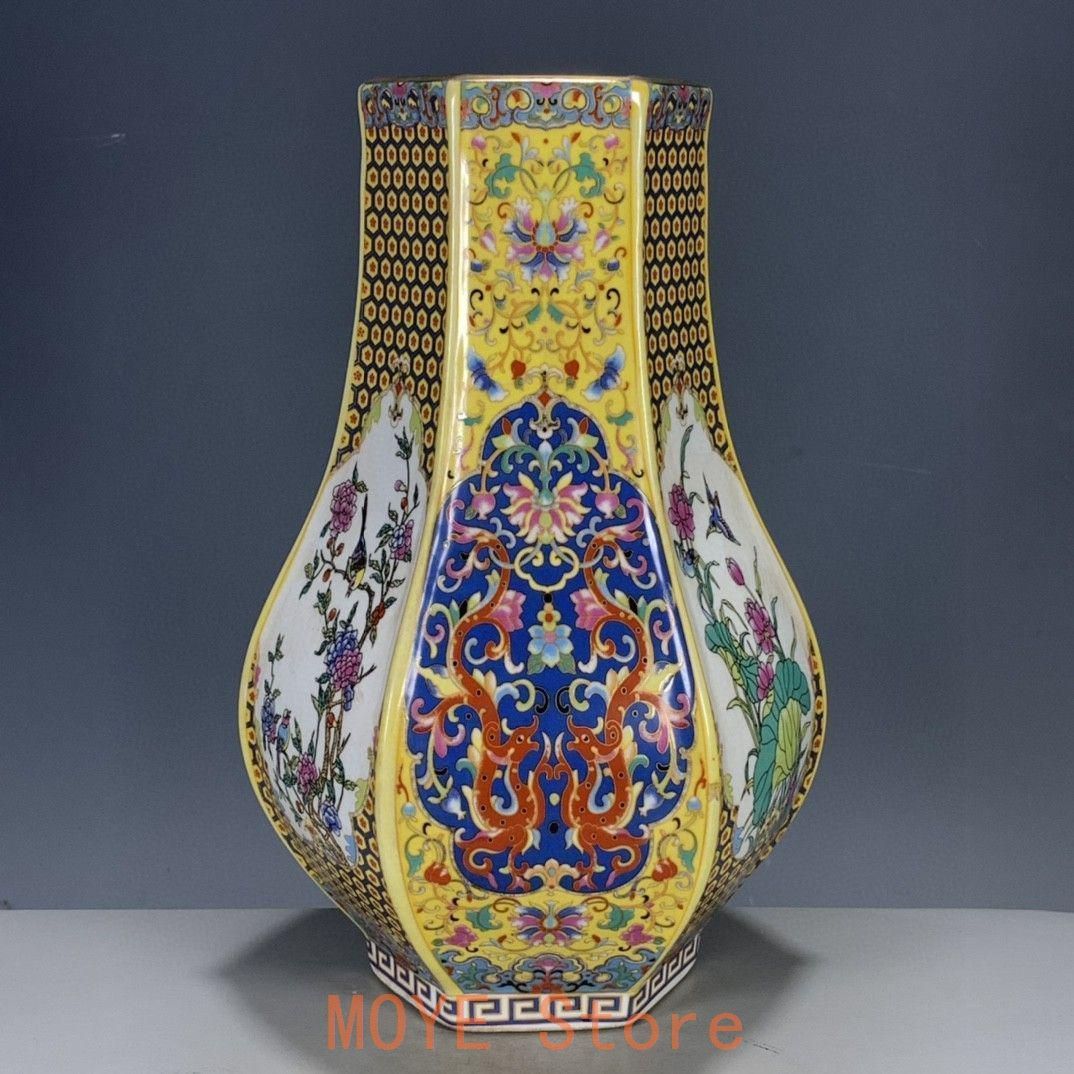 清雍正{宝石}藍美人肩花瓶  景徳鎮 陶磁器 装飾品 現代工芸品 美術品 置物 清代雍正彩蒔花鳥多稜花瓶 景徳鎮 陶磁器 装飾品 現代工芸品美術品