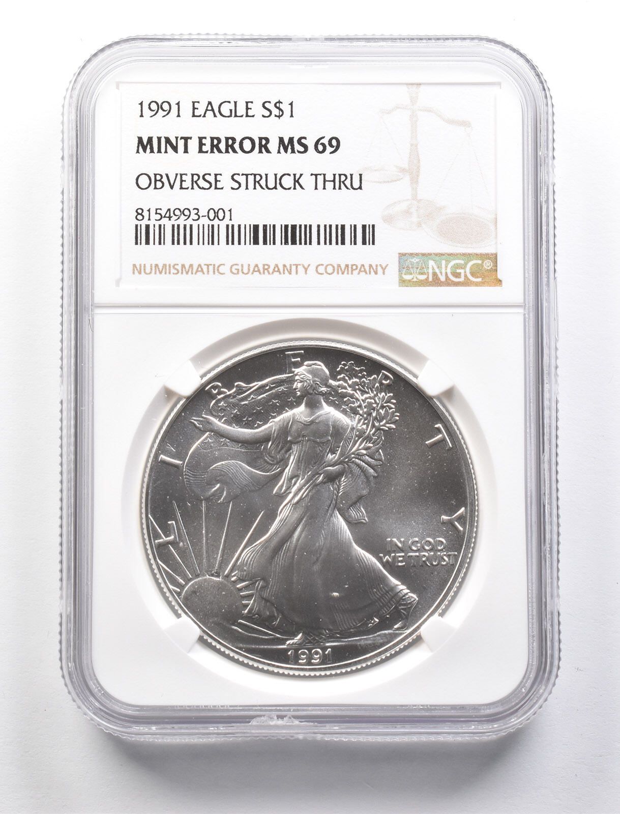 1991年 アメリカン・シルバー・イーグル・ミント エラー MS69 表面 NGC