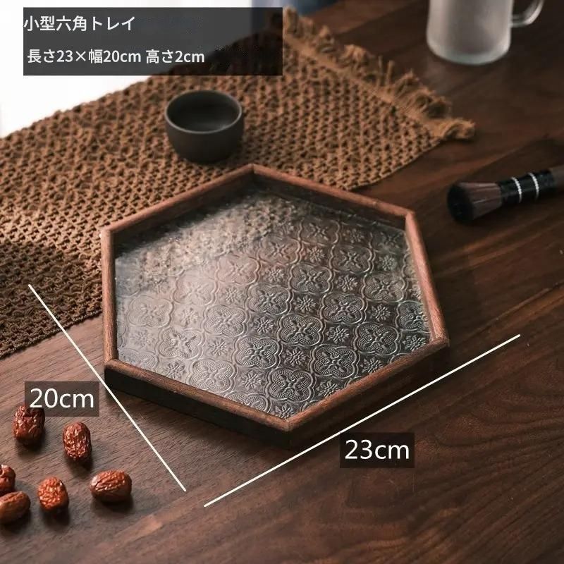 アンティーク　トレー　お盆　ガラス付き　木製 六角形トレイ お盆 エンボスガラス 木製フレーム おしゃれ トレイ