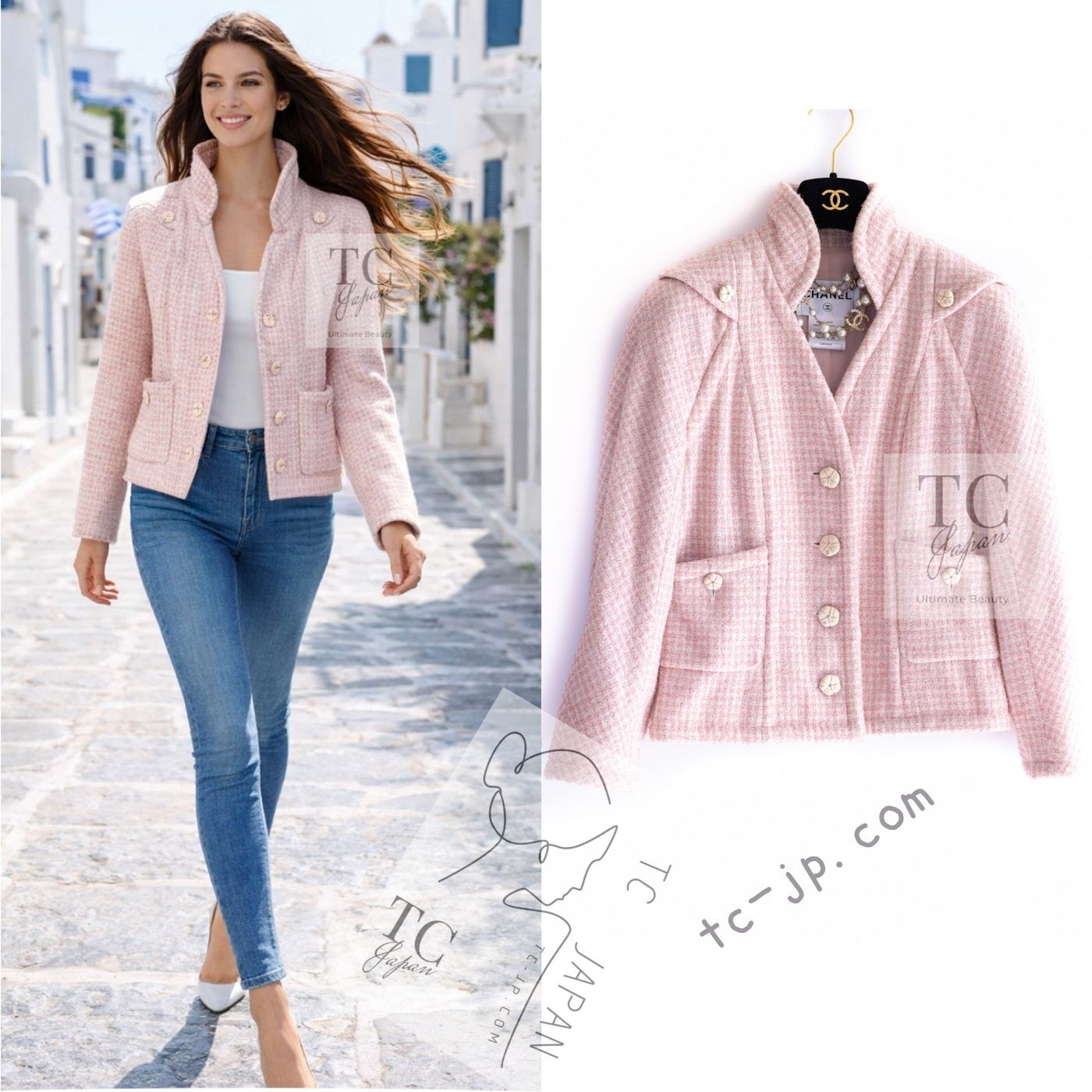 シャネル ジャケット CHANEL ピンク ウール アルパカ シルク スタンド