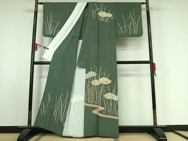 平和屋着物▽訪問着 単衣 作家物 刺繍 流水花文 金銀彩 銀糸 正絹 jh