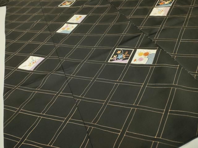 平和屋着物▽訪問着 刺繍 花菱文 黒地 金彩 正絹 逸品 DAAZ6813fe