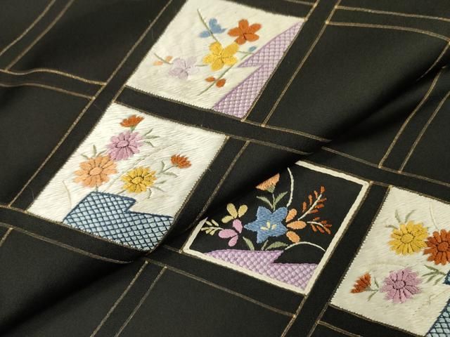 平和屋着物▽訪問着 刺繍 花菱文 黒地 金彩 正絹 逸品 DAAZ6813fe