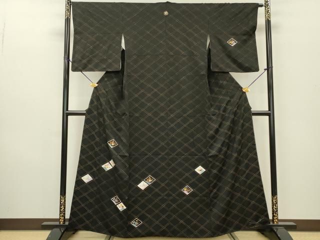 平和屋着物▽訪問着 刺繍 花菱文 黒地 金彩 正絹 逸品 DAAZ6813fe