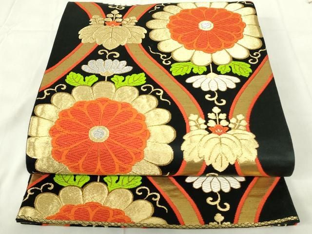 平和屋着物◎六通柄袋帯 唐織 立涌菊唐草文 黒地 金銀糸 正絹 逸品