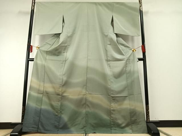 平和屋着物▽本塩沢 やまだ織 訪問着 染色作家 桐村博 単衣 霞文 暈し