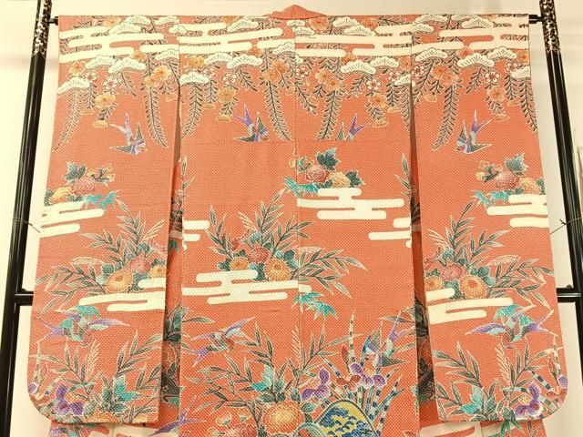 平和屋着物○名門 藤娘きぬたや・総絞り 振袖 重ね山霞花鳥文 正絹