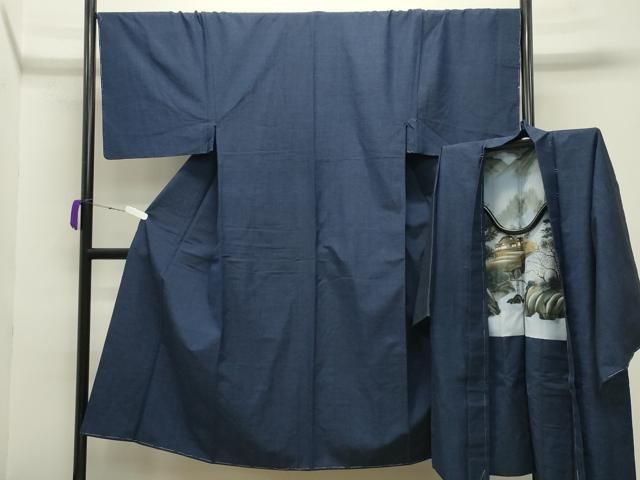 平和屋着物●男性 紬 アンサンブル 霞文 鉄紺色 正絹 gh