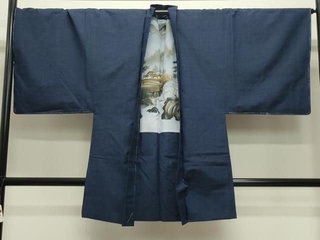  平和屋着物●男性 紬 アンサンブル 霞文 鉄紺色 正絹 gh 着物セット 着物 浴衣