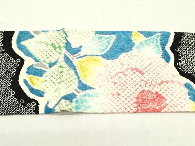 平和屋着物○名門 藤娘きぬたや・総絞り 九寸名古屋帯 草花文 黒地