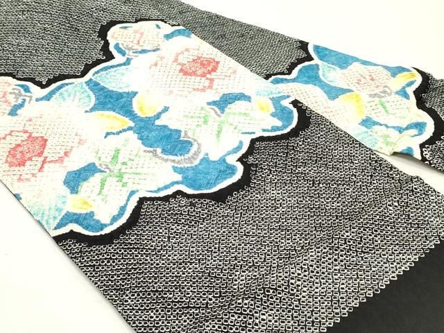 平和屋着物○名門 藤娘きぬたや・総絞り 九寸名古屋帯 草花文 黒地