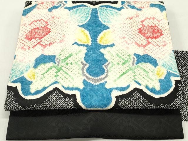 平和屋着物○名門 藤娘きぬたや・総絞り 九寸名古屋帯 草花文 黒地