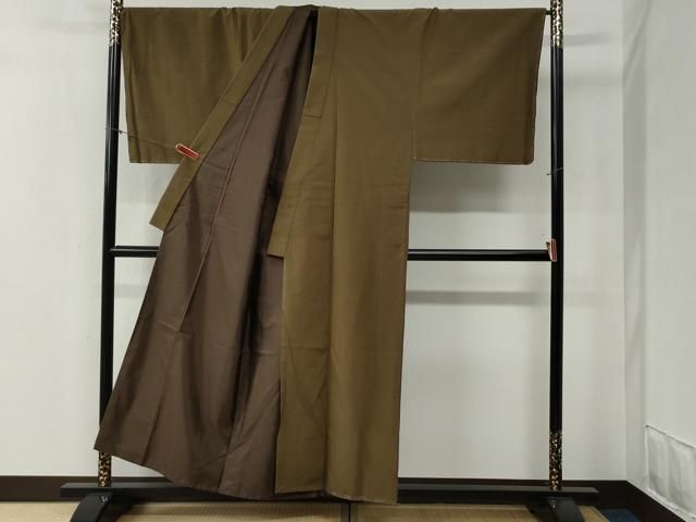 平和屋着物○男性 紬 アンサンブル・長襦袢セット 色無地 朽葉色 羽織