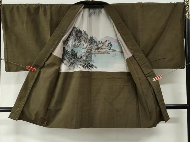 平和屋着物○男性 紬 アンサンブル・長襦袢セット 色無地 朽葉色 羽織