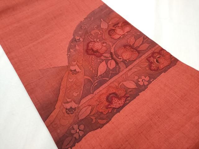 平和屋着物○中国三大刺繍 相良刺繍 結城紬 太鼓柄袋帯 花唐草文 証紙