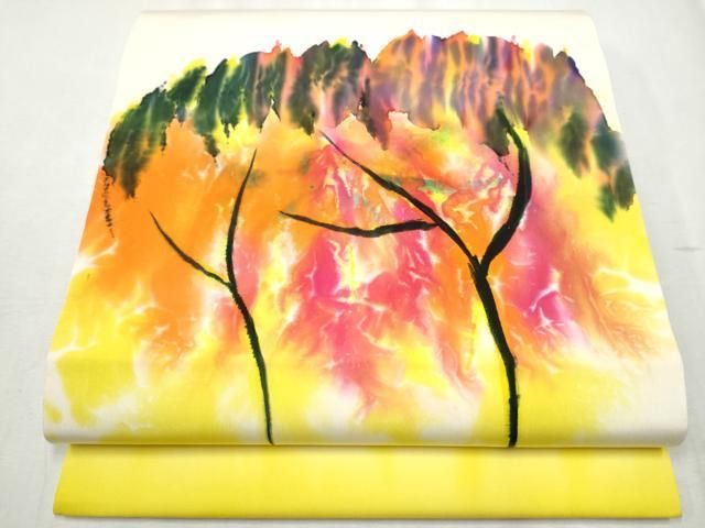 平和屋着物●虹色創家　本郷大田子　塩瀬　九寸名古屋帯　手描き　樹林抽象文　正絹　逸品　DAAY8045cm 平和屋着物○虹色創家 本郷大田子 塩瀬 九寸開き名古屋帯 樹林文 正絹